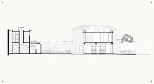 Architectural rendering of a modern house with a white exterior, open living area, and backyard patio, featuring people in a comfortable and inviting atmosphere