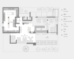 2D floor plan of a modern building with dining area, kitchen, bar, bathroom, and living spaces, featuring multiple chairs and a functional layout