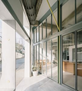 Open modern kitchen and dining space with wooden cabinets, glass door to patio, and potted plant, showcasing a contemporary atmosphere