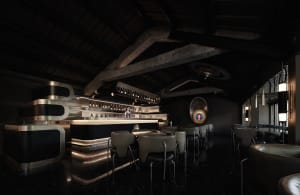 A dark and intimate bar area with a wooden counter and multiple barstools, lined with bottles and creating a cozy ambiance