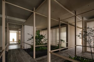 Bright and inviting modern space with white walls, wooden accents, and natural light from windows, featuring potted plants and wooden beams