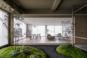 Open modern living area with glass walls, multiple seating options, and a dining table, flooded with natural light
