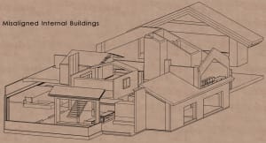 2D floor plan of a modern house with multiple levels, including a basement and attic, featuring clean lines and minimal decoration