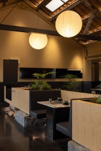 A modern restaurant interior with wooden walls and floors, featuring potted plants, chairs, and dining tables, creating a warm and inviting atmosphere