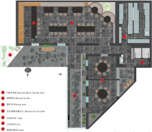 2D floor plan of a modern restaurant with various rooms and spaces, including dining areas, kitchens, and restrooms, presented in a clean and organized manner