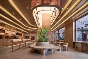 A warm and inviting cafe with multiple dining tables, chairs, and potted plants, creating a comfortable atmosphere for guests