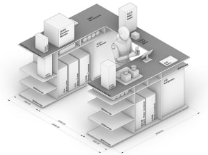 3D architectural rendering of a modern home with various rooms, furniture, and decorative elements