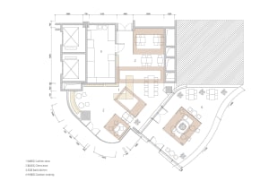 2D floor plan of a modern home with various rooms, including a kitchen, dining area, living room, and bedroom, featuring wood and glass materials and a warm ambiance