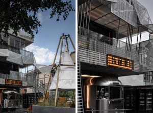 Modern building with metal and wood elements, featuring a large clock tower and detailed interior, with contrasting textures and materials