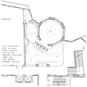 Detailed modern floor plan of a shopping center with various rooms and spaces, including a lounge area and bar counter