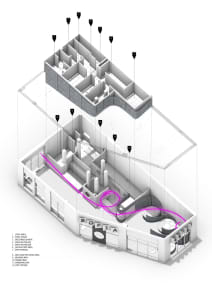 2D floor plan of a modern interior space with white walls, artificial lighting, and various rooms connected by doorways