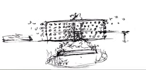 Architectural drawing of a modern house with various rooms, a living area, bedroom, and garden, featuring linework, labels, and symbols