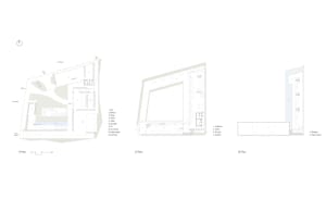 Top-down and interior views of a rectangular building with labeled rooms and exterior facade details