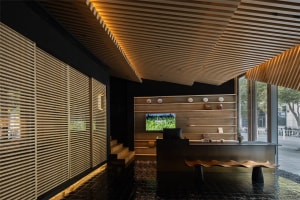 A hotel lobby with wooden walls and floors, featuring two mounted TVs, books, and a modern atmosphere