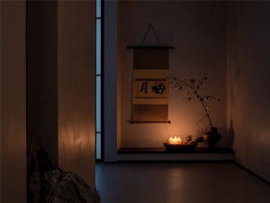 Asian-style living space with a tatami mat on a hardwood floor, featuring vases and a potted plant in a calm and serene atmosphere