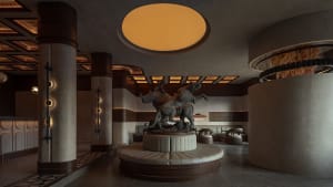A circular room with a marble statue, chairs, and a sophisticated atmosphere, inviting visitors to appreciate the artwork on display