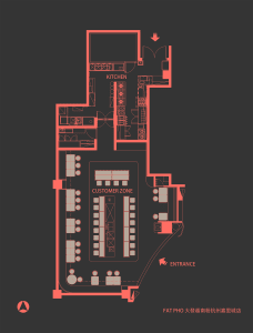 2D floor plan of a modern restaurant with labeled rooms and spaces, featuring a kitchen, dining area, and customer zone