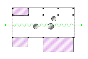 A hotel lobby with a large open space, multiple rooms, and hallways, featuring round decorative elements and a focus on functionality and aesthetics