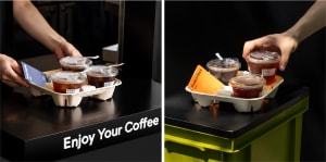 A kitchen or dining area with a countertop featuring various cups and bowls, and a person reaching for a cup from a container