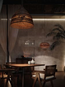 A cozy dining space with a wooden table surrounded by chairs, a potted plant, and a warm atmosphere