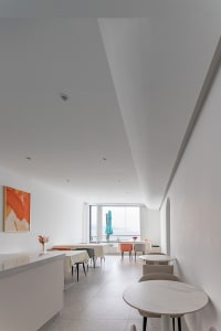 Open living area with a dining table, kitchen sink, refrigerator, couch, chair, potted plant, and vase, surrounded by white walls and natural light