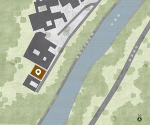 A rendered scene of a building near a river with a mix of gray and brown tones, giving it an aged appearance