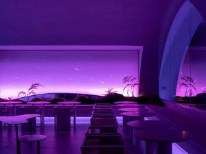 Cozy dining area with purple walls, tables, and chairs, featuring a large window for natural light