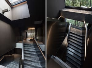 Black and white photos of a dark interior staircase with a metal railing, featuring three and four steps in two separate images