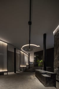 A well-designed interior space with a stone staircase, two potted plants, and a sense of sophistication
