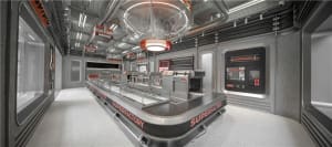 Industrial kitchen with modern appliances, dining table, and chairs, featuring two ovens, three refrigerators, and a functional atmosphere