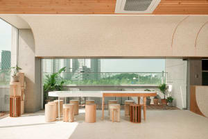 A modern dining space with a large wooden table surrounded by chairs and potted plants, creating a welcoming atmosphere