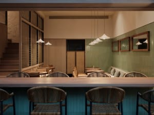 Empty restaurant with wooden floors and tables, wicker chairs, and warm lighting creating a modern and inviting ambiance