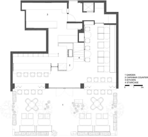 2D floor plan of a modern open-plan space with multiple dining tables, chairs, and couches, featuring clean lines and minimalistic elements