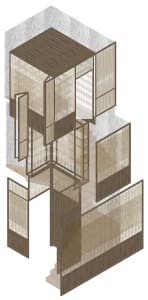 A modern building with multiple levels, featuring interior rooms, hallways, and windows, showcasing wood and glass materials in a clean and minimalist design