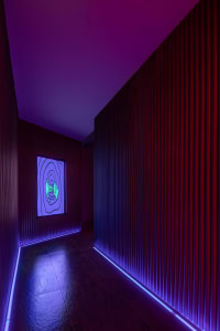 A dimly lit hallway with purple walls and red stripes, featuring two doors and a mysterious atmosphere