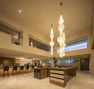 Open living area with wood flooring, marble countertops, glass elements, and a potted plant, featuring a modern and contemporary style