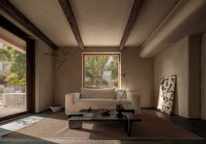 Empty living room with white walls, a large window, and two potted plants, a couch, and a chair, creating a calm and inviting atmosphere
