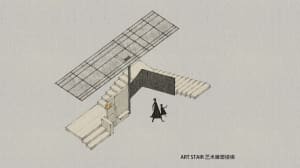 A rendered interior scene of a building with a staircase made of concrete, two people walking up the stairs, and a doorway at the top