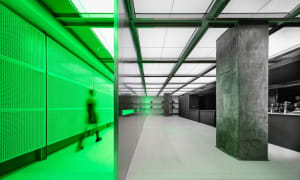 Bright and inviting office space with green walls, white floors, and natural light from a large window