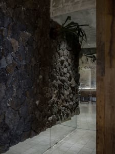 Cozy living space with a stone wall, two chairs, and three potted plants, creating a warm and inviting atmosphere