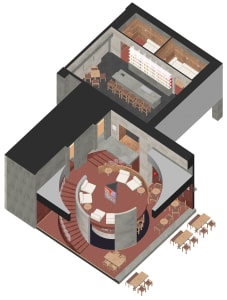 A modern restaurant interior with concrete walls, comfortable seating areas, and warm lighting from lamps