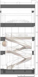 A modern staircase with a glass wall, metal stairs, and a sleek interior design
