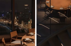 Urban cityscape at night with tall buildings and illuminated streets, alongside a refined restaurant interior with dining area, chairs, tables, and utensils