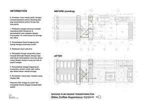 Architectural design transformation of a coffee shop featuring modern and sleek design, stainless steel, glass, and wood materials, and a well-lit inviting atmosphere