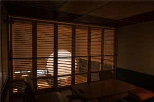 Warm and inviting living space with wooden blinds, a dining table, and natural light from a window