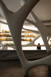 A cozy bar area with a large number of bottles displayed on shelves, creating a warm and inviting atmosphere