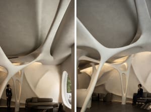 A modern interior space with white walls, ceilings, and furniture, featuring potted plants and a comfortable atmosphere