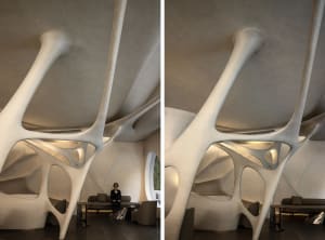 A modern lobby with a large white concrete structure, chairs, a dining table, and a couch, creating a comfortable and inviting atmosphere for social interaction and relaxation