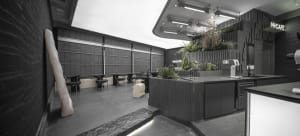 Modern cafe interior with tables, chairs, and potted plants, featuring a comfortable and inviting atmosphere