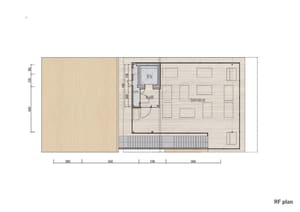 Black and white floor plan of a modern minimalist house with clear demarcations between living room, kitchen, and bedroom areas